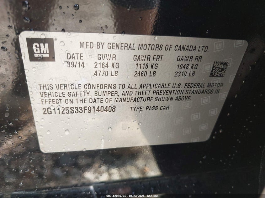 2015 CHEVROLET IMPALA VIN: 2G1125S33F9140408