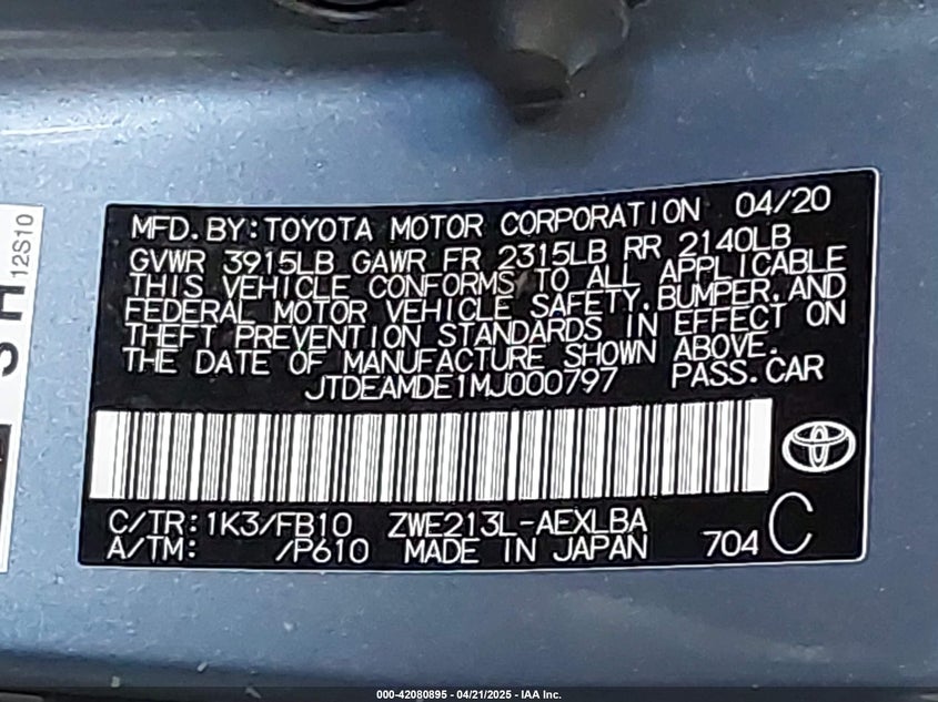 2021 TOYOTA COROLLA HYBRID LE - JTDEAMDE1MJ000797
