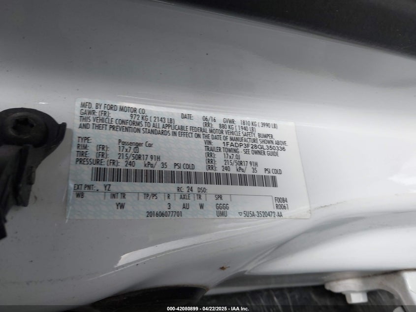 2016 FORD FOCUS VIN: 1FADP3F28GL350336