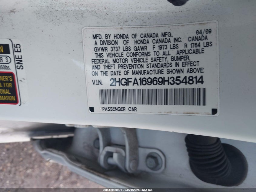 2009 HONDA CIVIC VIN: 2HGFA16969H354814