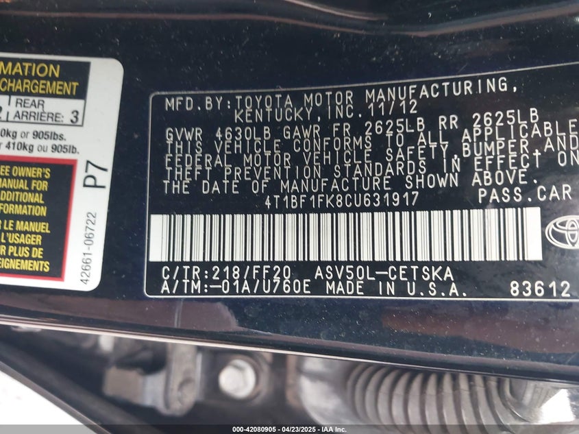 2012 TOYOTA CAMRY VIN: 4T1BF1FK8CU631917