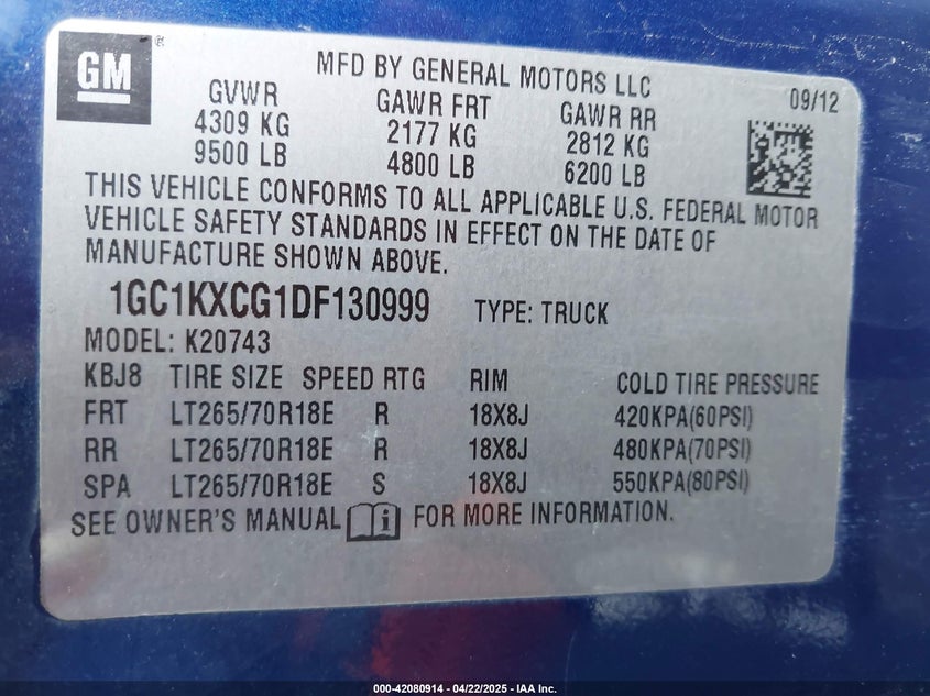 2013 CHEVROLET SILVERADO 2500HD VIN: 1GC1KXCG1DF130999