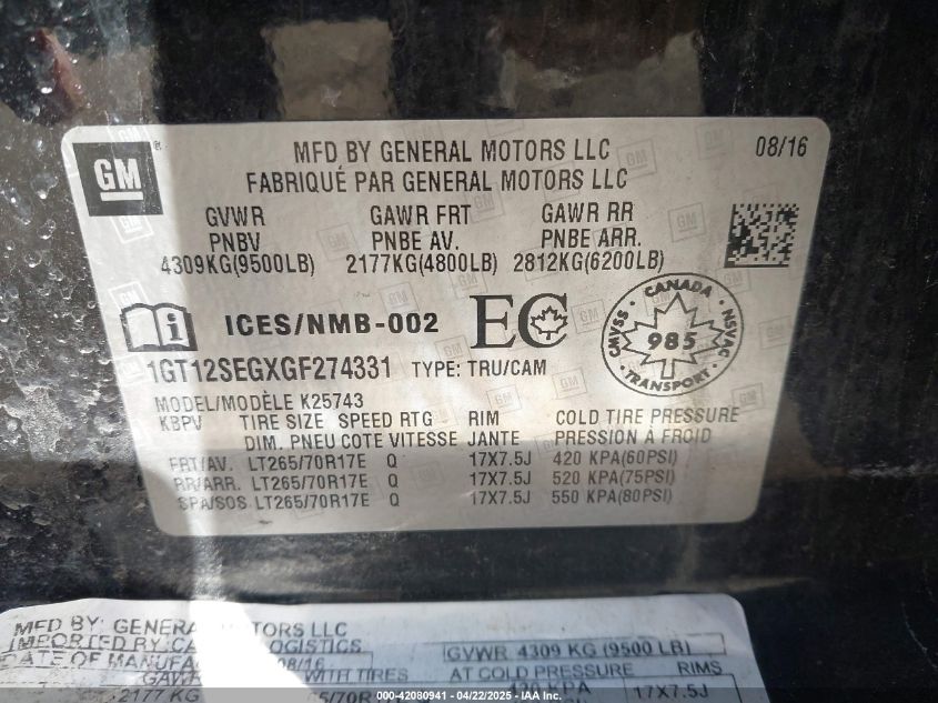 2016 GMC Sierra 2500Hd Sle VIN: 1GT12SEGXGF274331 Lot: 42080941