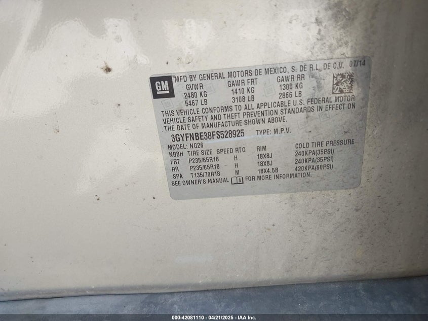 2015 CADILLAC SRX LUXURY COLLECTION - 3GYFNBE38FS528925