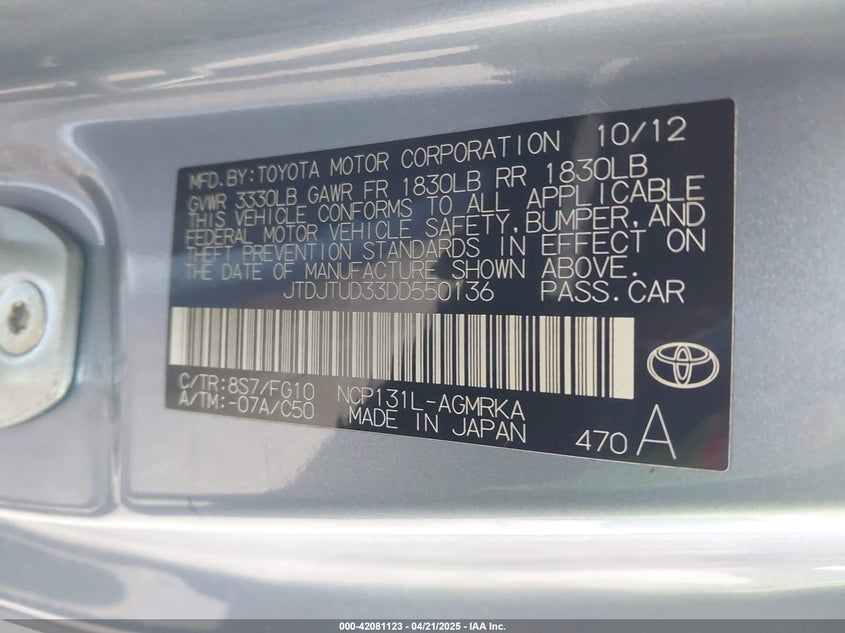 2013 TOYOTA YARIS VIN: JTDJTUD33DD550136