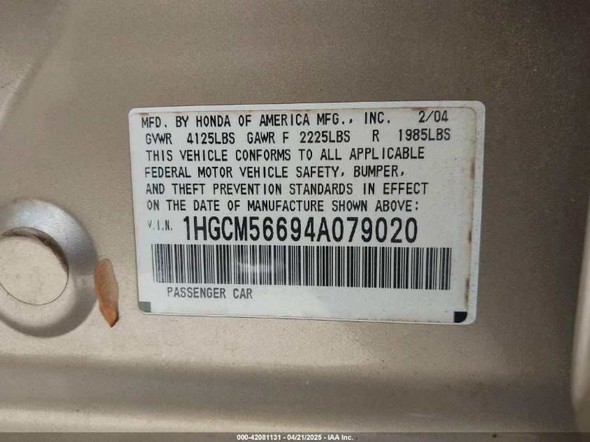 2004 Honda Accord 2.4 Ex VIN: 1HGCM56694A079020 Lot: 42081131