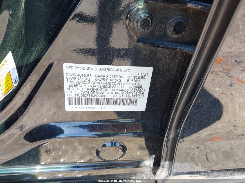 2021 ACURA ILX VIN: 19UDE2F88MA004942