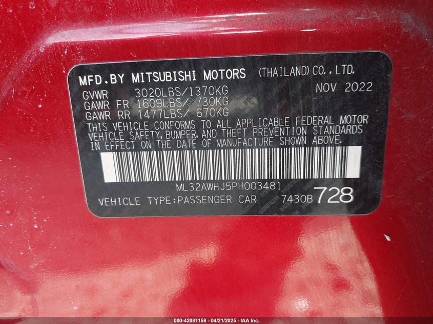 2023 MITSUBISHI MIRAGE VIN: ML32AWHJ5PH003481