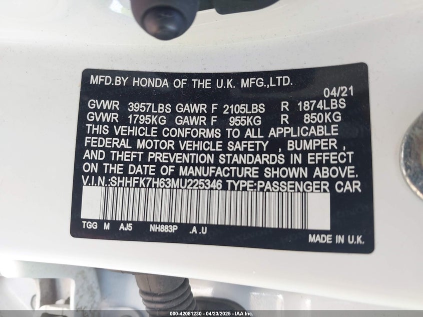 2021 HONDA CIVIC VIN: SHHFK7H63MU225346