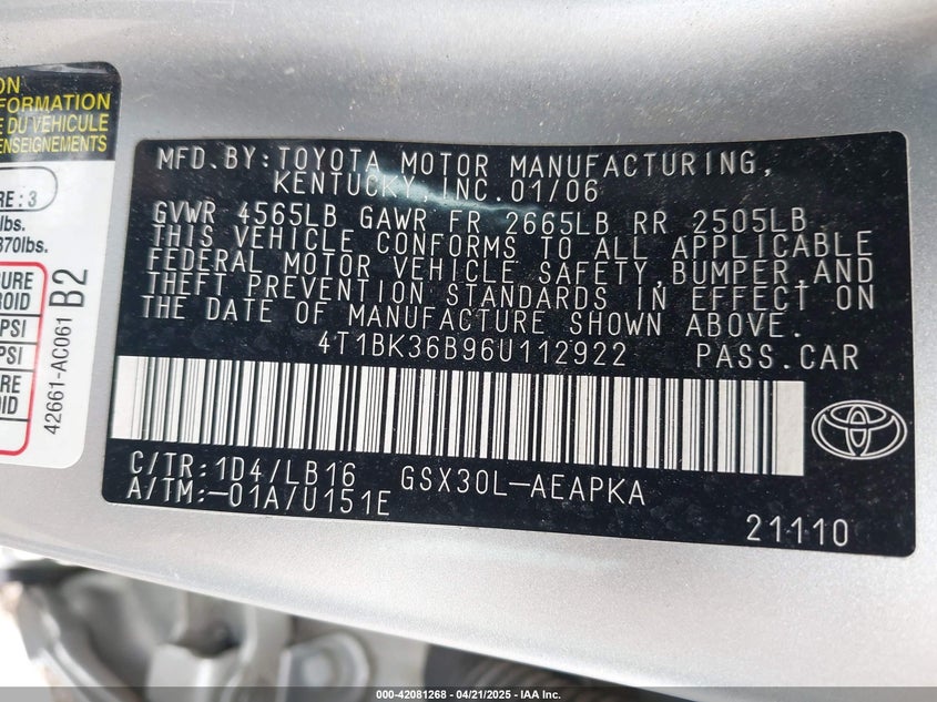 2006 TOYOTA AVALON VIN: 4T1BK36B96U112922