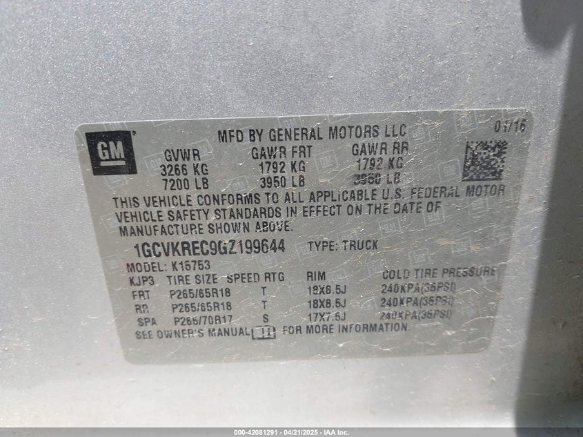 2016 CHEVROLET SILVERADO 1500 VIN: 1GCVKREC9GZ199644
