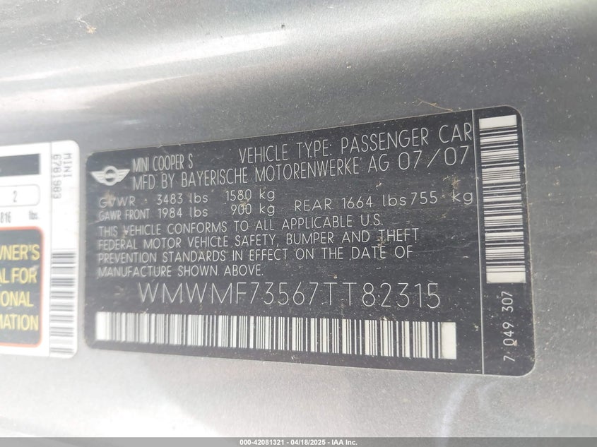 2007 MINI COOPER S VIN: WMWMF73567TT82315