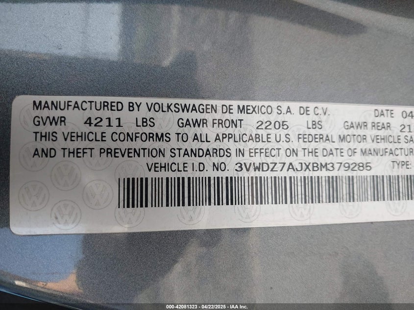 2011 VOLKSWAGEN JETTA VIN: 3VWDZ7AJXBM379285