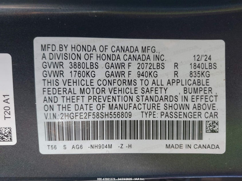 2025 HONDA CIVIC VIN: 2HGFE2F58SH556809