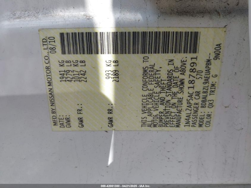 2010 Nissan Altima 2.5 S VIN: 1N4AL2AP5AC187891 Lot: 42081380