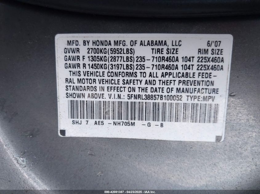2007 Honda Odyssey Touring VIN: 5FNRL38857B100052 Lot: 42081387