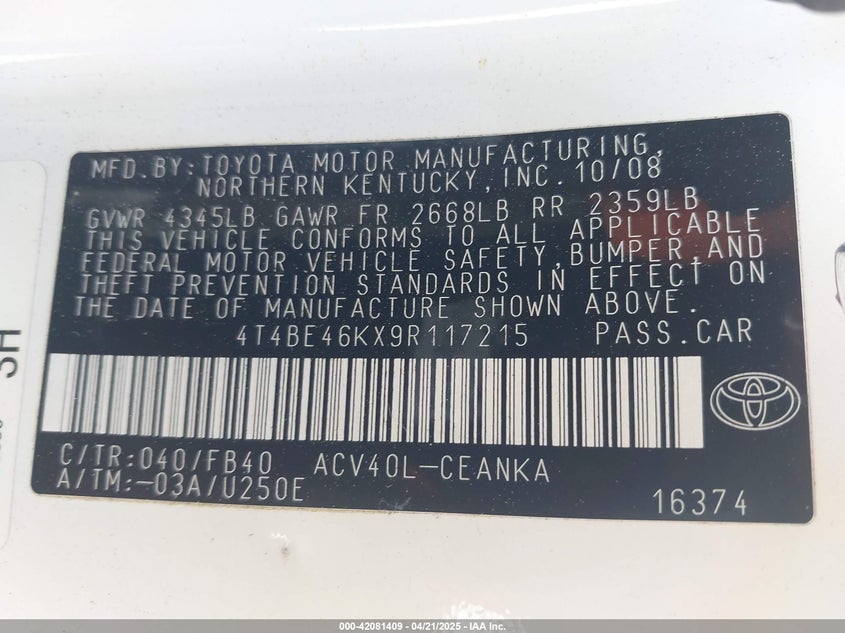 2009 TOYOTA CAMRY VIN: 4T4BE46KX9R117215