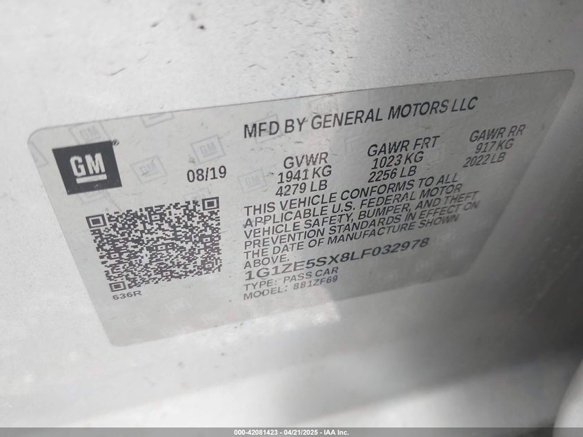 2020 CHEVROLET MALIBU VIN: 1G1ZE5SX8LF032978