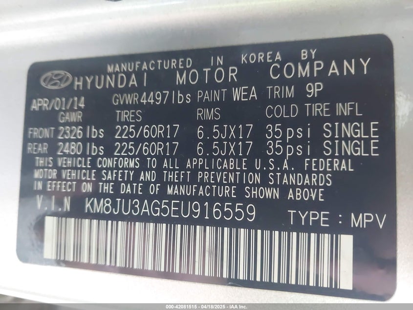 2014 HYUNDAI TUCSON SE - KM8JU3AG5EU916559