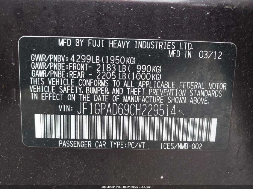2012 Subaru Impreza 2.0I Premium VIN: JF1GPAD69CH229514 Lot: 42081516