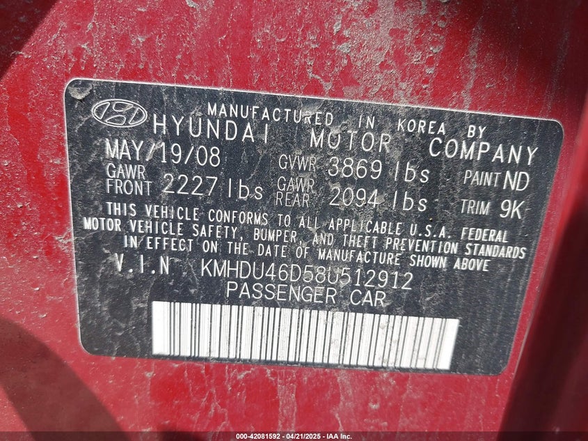 2008 HYUNDAI ELANTRA VIN: KMHDU46D58U512912