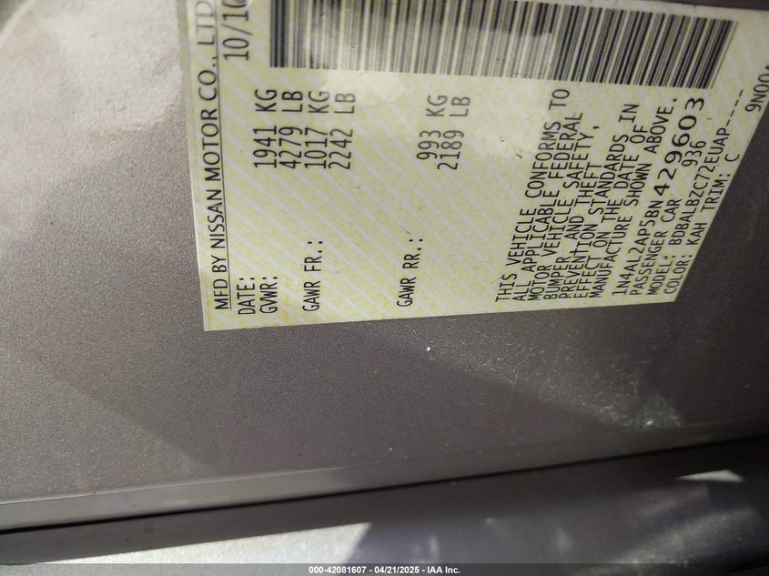 2011 NISSAN ALTIMA VIN: 1N4AL2AP5BN429603