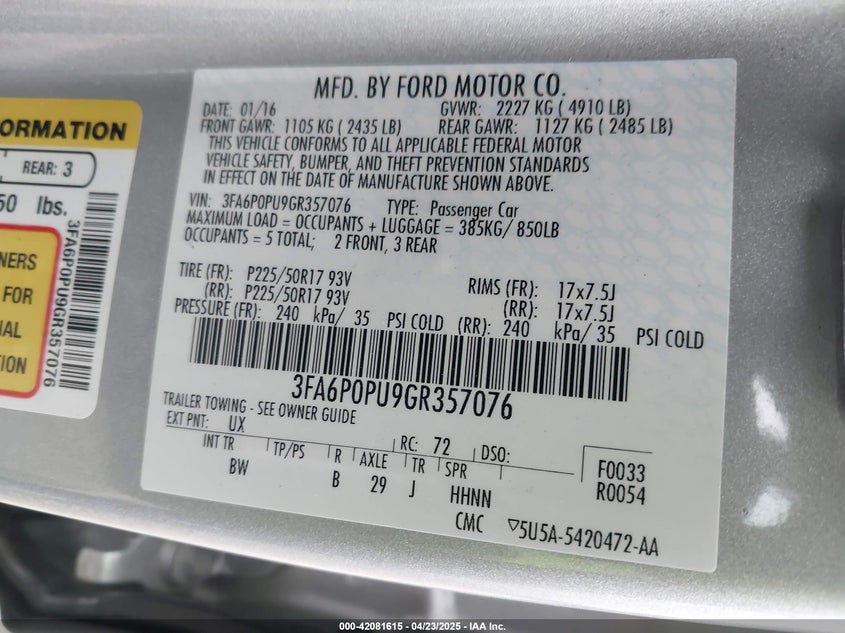 2016 FORD FUSION ENERGI VIN: 3FA6P0PU9GR357076