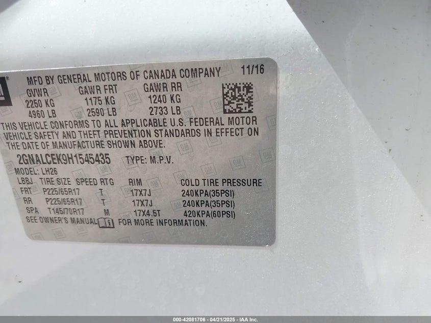 2017 CHEVROLET EQUINOX VIN: 2GNALCEK9H1545435