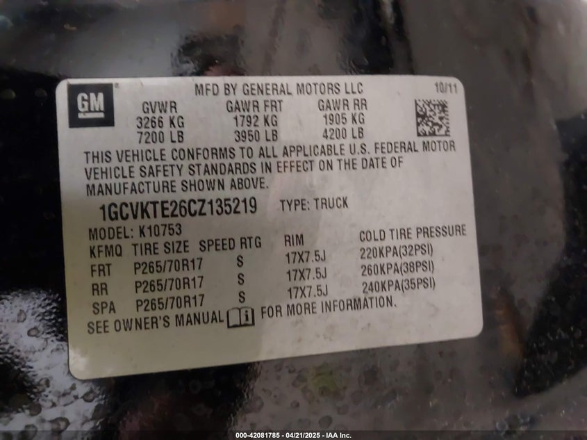 2012 CHEVROLET SILVERADO VIN: 1GCVKTE26CZ135219