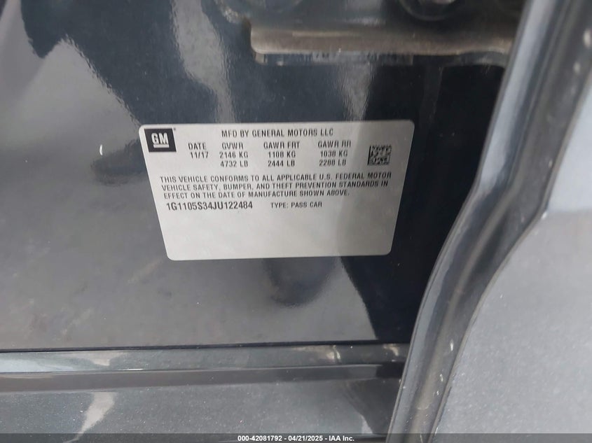 2018 CHEVROLET IMPALA VIN: 1G1105S34JU122484