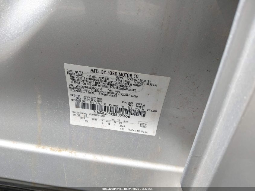 2013 Ford Flex Limited VIN: 2FMGK5D8XDPD45656 Lot: 42081814