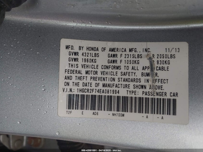 2014 HONDA ACCORD VIN: 1HGCR2F74EA081994