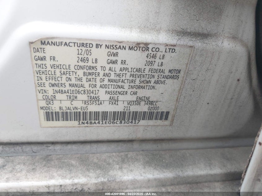 2006 NISSAN MAXIMA VIN: 1N4BA41E06C830417
