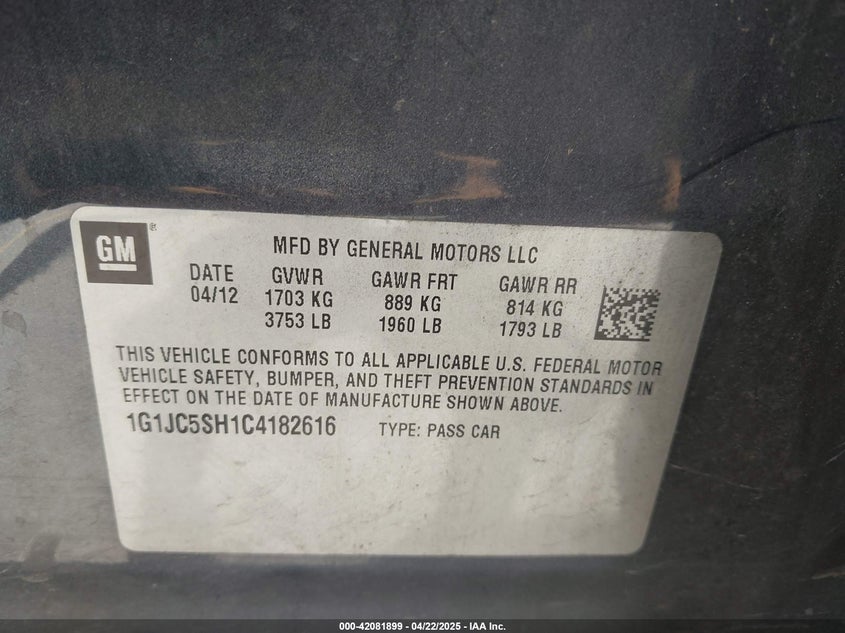 2012 CHEVROLET SONIC VIN: 1G1JC5SH1C4182616