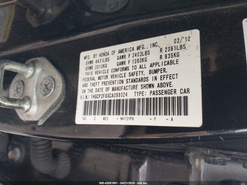 2012 HONDA ACCORD VIN: 1HGCP2F8XCA099024