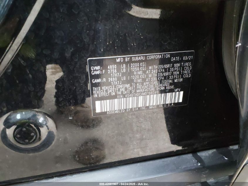 2021 Subaru Outback Premium VIN: 4S4BTADCXM3198340 Lot: 42081907