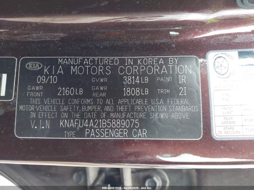2011 Kia Forte Ex VIN: KNAFU4A21B5889075 Lot: 42081939