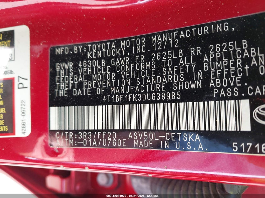 2013 TOYOTA CAMRY VIN: 4T1BF1FK3DU638985