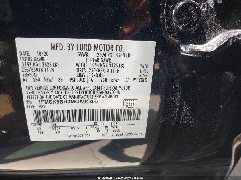 2021 Ford Explorer VIN: 1FMSK8BH0MGA04305 Lot: 42082051