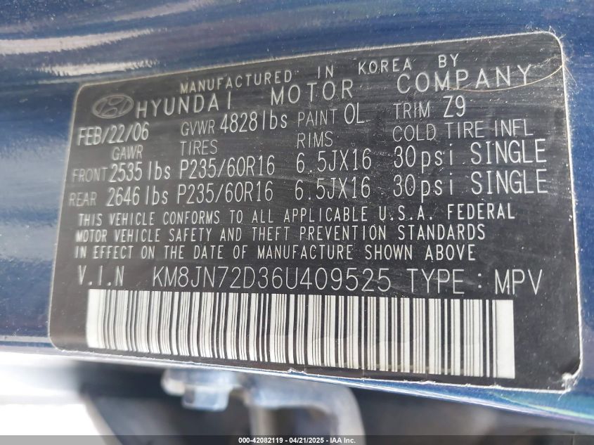 2006 Hyundai Tucson Gls/Limited VIN: KM8JN72D36U409525 Lot: 42082119