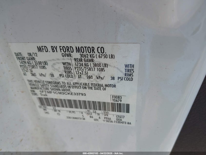 2012 FORD F150 VIN: 1FTMF1CM3CKE33793
