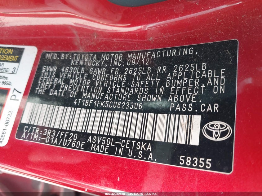 2012 TOYOTA CAMRY VIN: 4T1BF1FK5CU623306