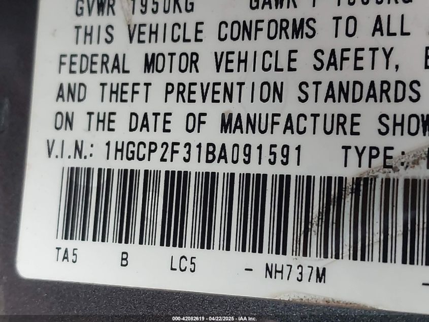 2011 Honda Accord 2.4 Lx VIN: 1HGCP2F31BA091591 Lot: 42082619