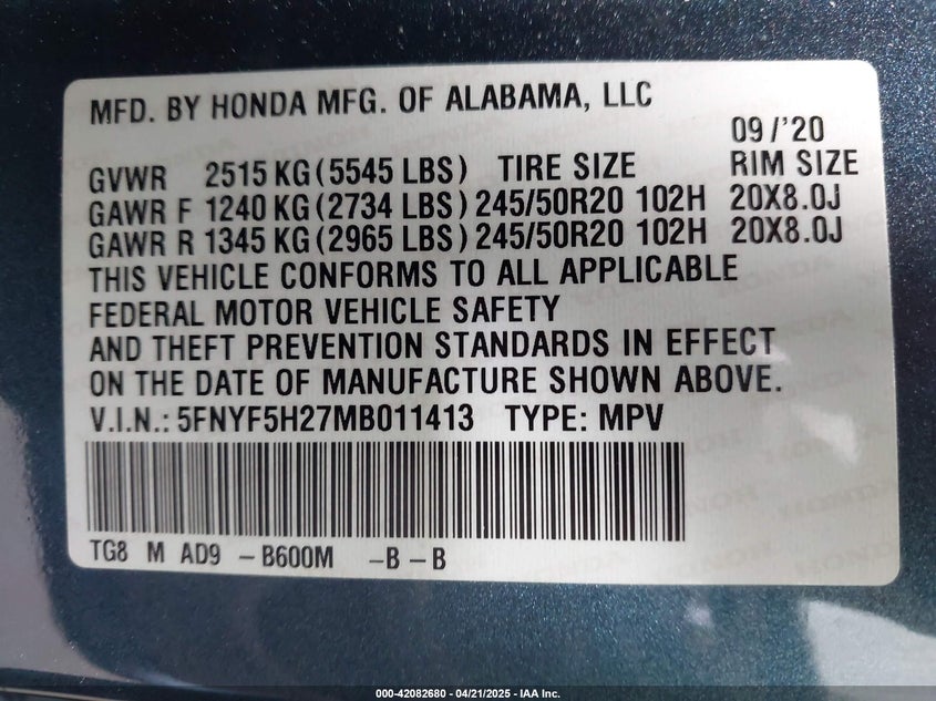 2021 HONDA PILOT VIN: 5FNYF5H27MB011413