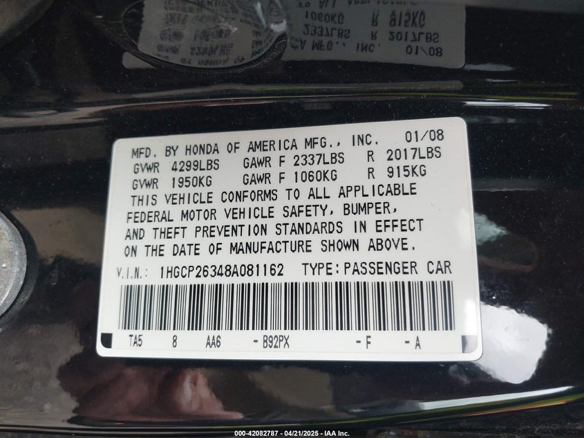 2008 HONDA ACCORD VIN: 1HGCP26348A081162