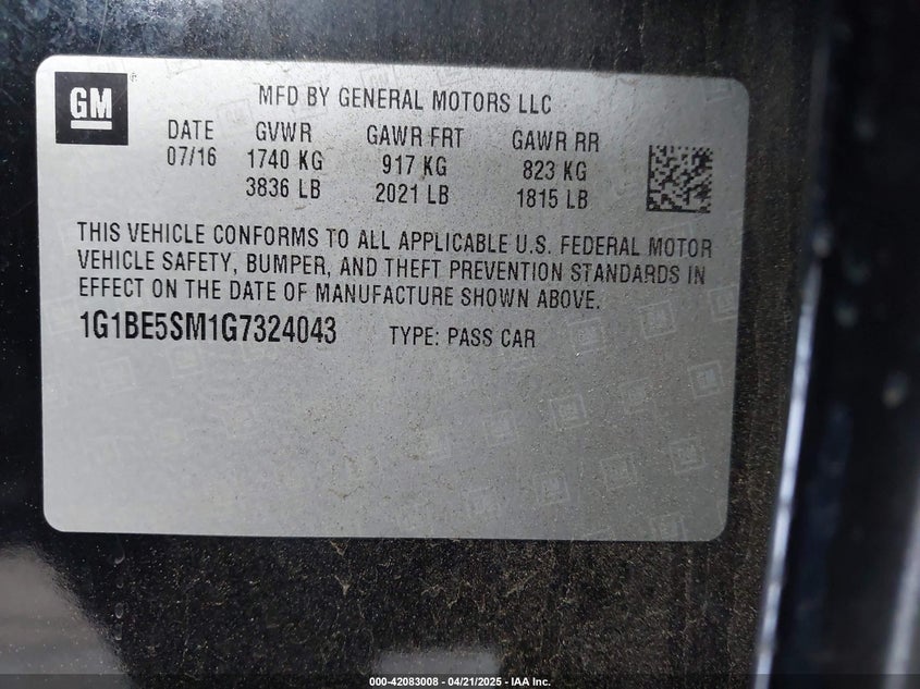 2016 CHEVROLET CRUZE VIN: 1G1BE5SM1G7324043
