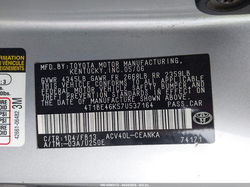 2007 TOYOTA CAMRY VIN: 4T1BE46K57U537164