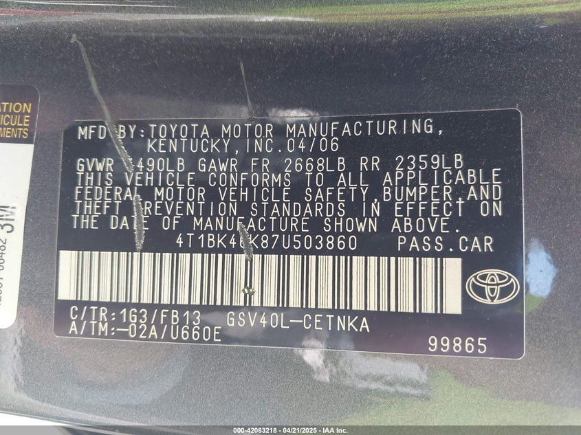 2007 TOYOTA CAMRY VIN: 4T1BK46K87U503860