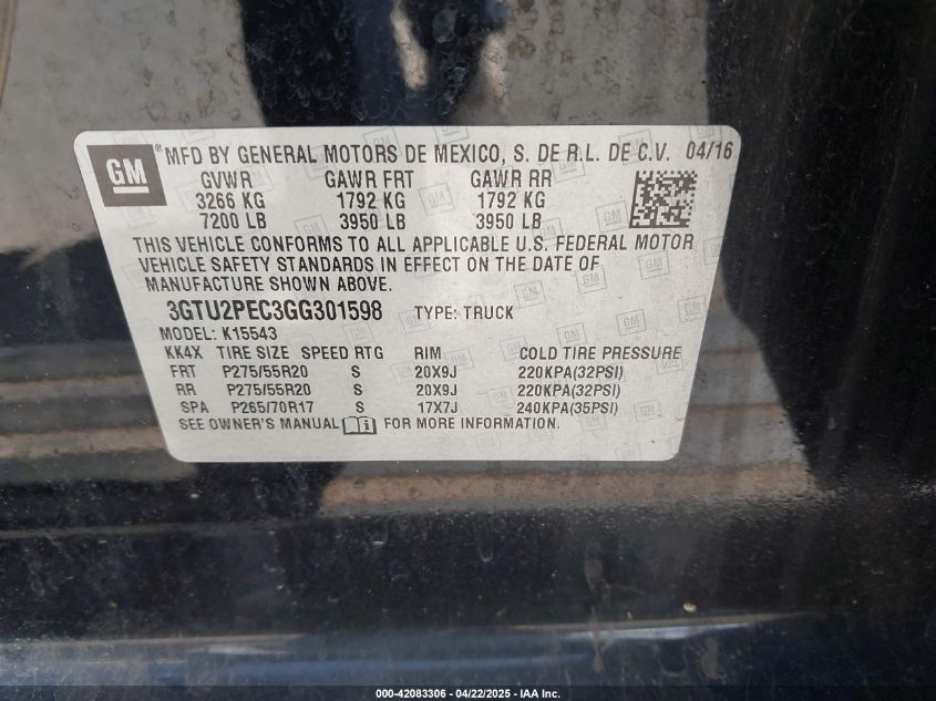 2016 GMC Sierra 1500 Denali VIN: 3GTU2PEC3GG301598 Lot: 42083306