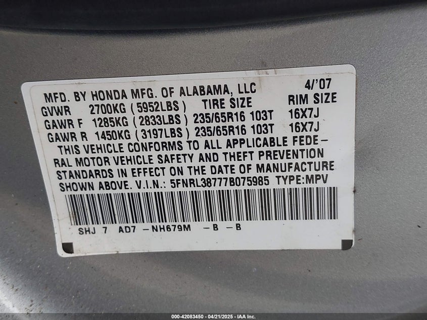 2007 HONDA ODYSSEY VIN: 5FNRL38777B075985